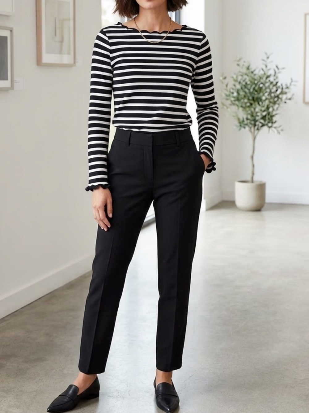 Kate Spade Nautical Black & White Striped Scalloped Neck Long Sleeve Top❤️